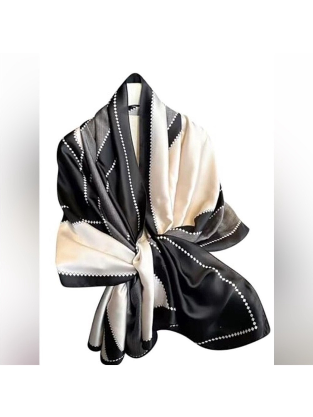 Elegant Silky Black & White Scarf Shawl Lightweight Floral Satin Scarf Trendy